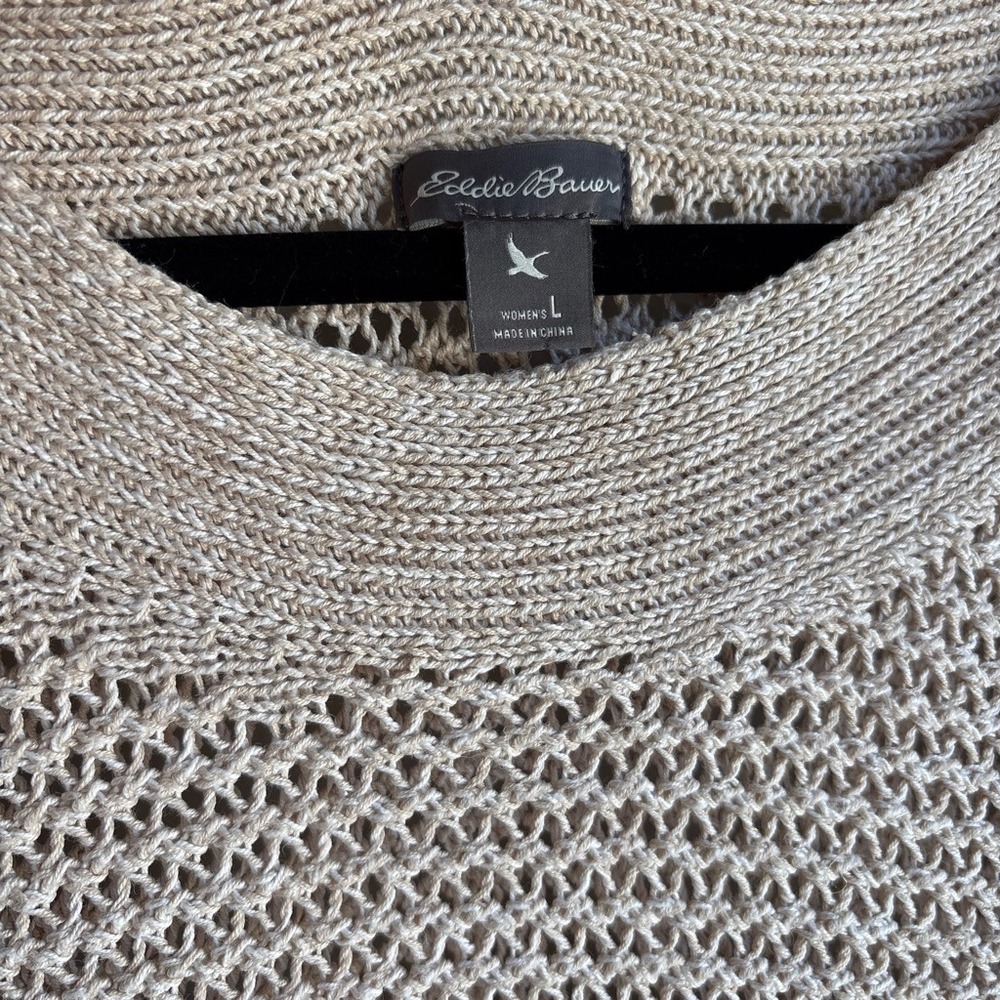 Eddie Bauer Linen Cotton Women L Sweater Beige Short Sleeve Boho Knit Granola - Picture 3 of 8